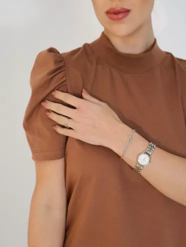 Blusa Feminina de Algodão Manga Bufante Gola Alta Lorena Marrrom