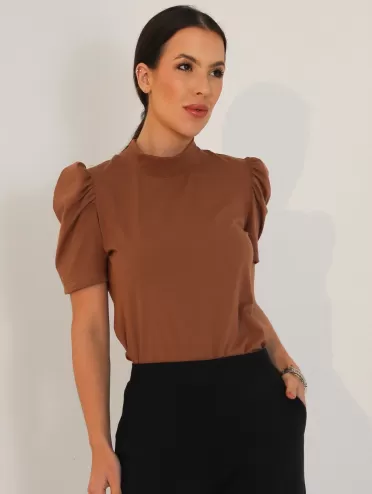 Blusa Feminina de Algodão Manga Bufante Gola Alta Lorena Marrrom