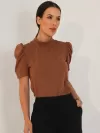 Blusa Feminina de Algodão Manga Bufante Gola Alta Lorena Marrrom