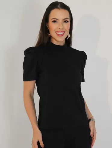 Blusa Feminina de Algodão Manga Bufante Gola Alta Lorena Preto