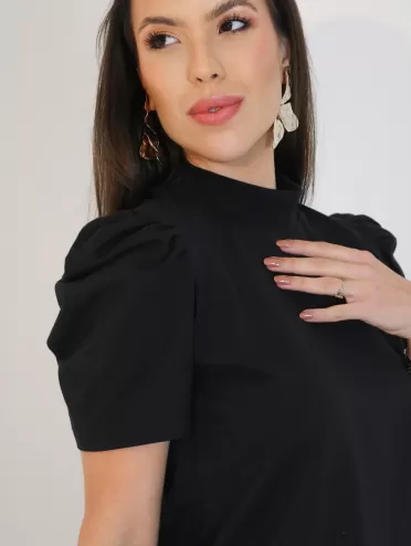 Blusa Feminina de Algodão Manga Bufante Gola Alta Lorena Preto