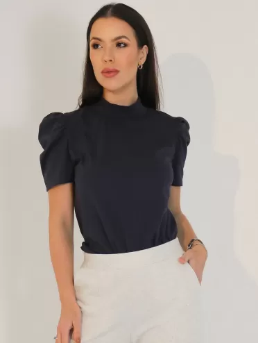 Blusa Feminina de Algodão Manga Bufante Gola Alta Lorena Marinho