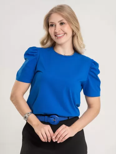 Blusa Feminina Manga Bufante de Algodão Lisa Serena Azul Bic