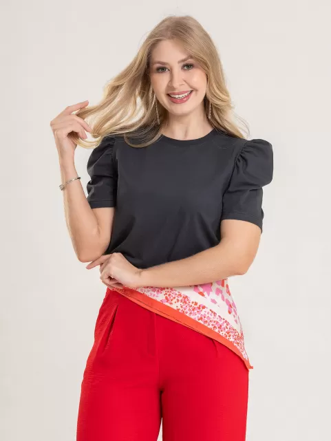 Blusa Feminina Manga Bufante de Algodão Lisa Serena Grafite
