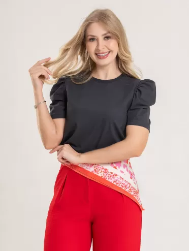 Blusa Feminina Manga Bufante de Algodão Lisa Serena Grafite