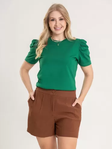 Blusa Feminina Manga Bufante de Algodão Lisa Serena Verde Folha