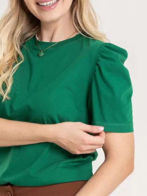 Blusa Feminina Manga Bufante de Algodão Lisa Serena Verde Folha