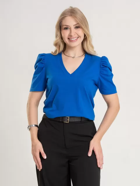 Blusa Feminina de Algodão Manga Bufante Decote V Alice Azul Bic