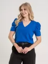 Blusa Feminina de Algodão Manga Bufante Decote V Alice Azul Bic