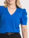 Blusa Feminina de Algodão Manga Bufante Decote V Alice Azul Bic