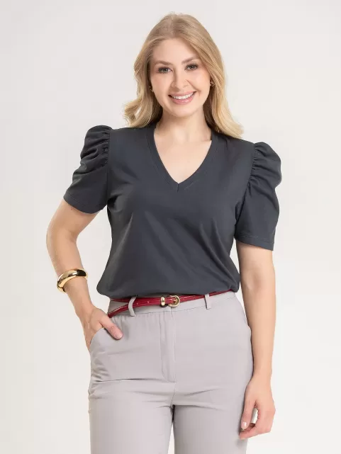 Blusa Feminina de Algodão Manga Bufante Decote V Alice Grafite