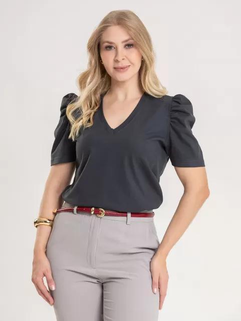 Blusa Feminina de Algodão Manga Bufante Decote V Alice Grafite