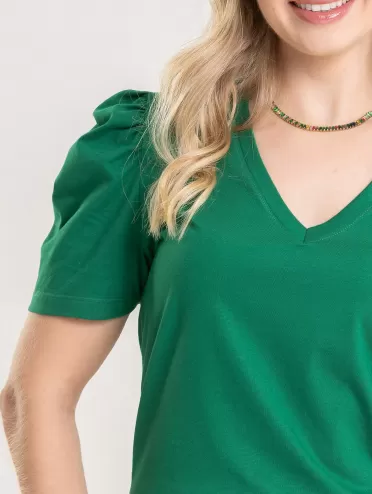 Blusa Feminina de Algodão Manga Bufante Decote V Alice Verde Folha