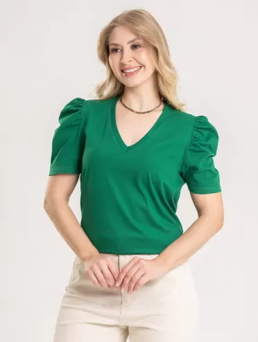 Blusa Feminina de Algodão Manga Bufante Decote V Alice Verde Folha