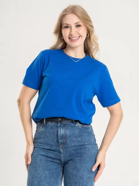 Camiseta Feminina de Algodão Lisa Manga Alongada Ana Azul Bic