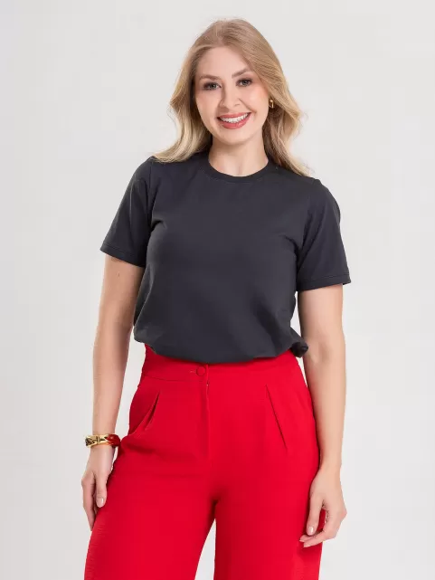 Camiseta Feminina de Algodão Lisa Manga Alongada Ana Grafite