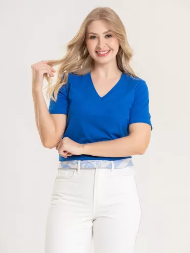 Blusa Feminina Decote V 100% Algodão Lisa íris Azul Bic