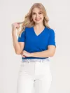 Blusa Feminina Decote V 100% Algodão Lisa íris Azul Bic