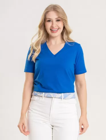 Blusa Feminina Decote V 100% Algodão Lisa íris Azul Bic