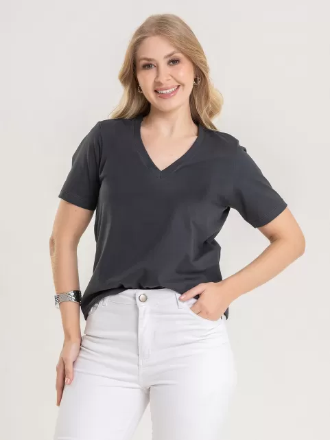 Blusa Feminina Decote V 100% Algodão Lisa íris Grafite