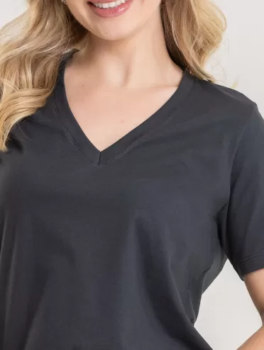 Blusa Feminina Decote V 100% Algodão Lisa íris Grafite