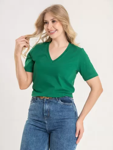 Blusa Feminina Decote V 100% Algodão Lisa íris Verde Folha