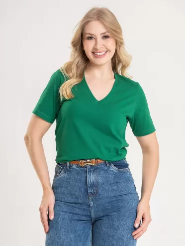 Blusa Feminina Decote V 100% Algodão Lisa íris Verde Folha