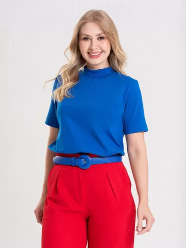 Blusa Feminina Algodão Gola Alta e Manga Curta Gisele Azul Bic