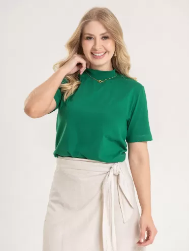 Blusa Feminina Algodão Gola Alta e Manga Curta Gisele Verde Folha