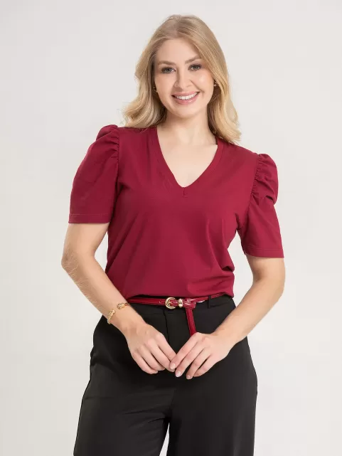 Blusa Feminina de Algodão Manga Bufante Decote V Alice Vinho