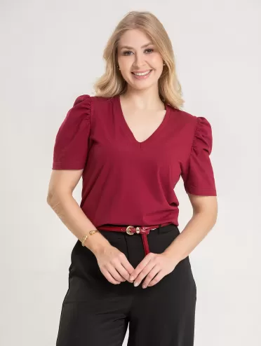 Blusa Feminina de Algodão Manga Bufante Decote V Alice Vinho