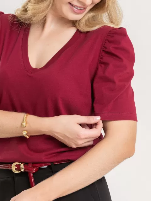 Blusa Feminina de Algodão Manga Bufante Decote V Alice Vinho
