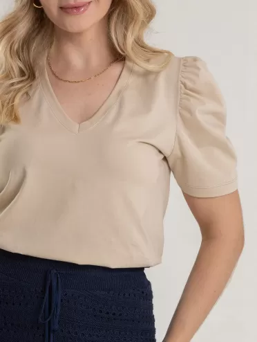 Blusa Feminina de Algodão Manga Bufante Decote V Alice Bege