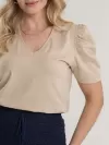 Blusa Feminina de Algodão Manga Bufante Decote V Alice Bege