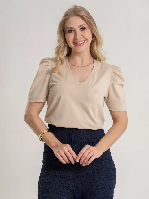Blusa Feminina de Algodão Manga Bufante Decote V Alice Bege