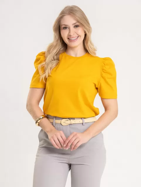 Blusa Feminina Manga Bufante de Algodão Lisa Serena Amarelo