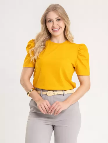 Blusa Feminina Manga Bufante de Algodão Lisa Serena Amarelo