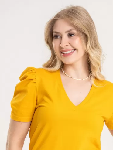 Blusa Feminina de Algodão Manga Bufante Decote V Alice Amarelo