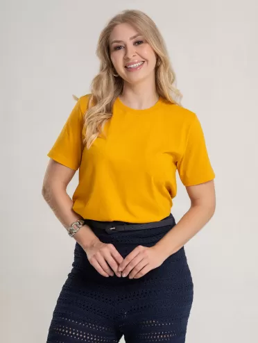 Camiseta Feminina de Algodão Lisa Manga Alongada Ana Amarelo