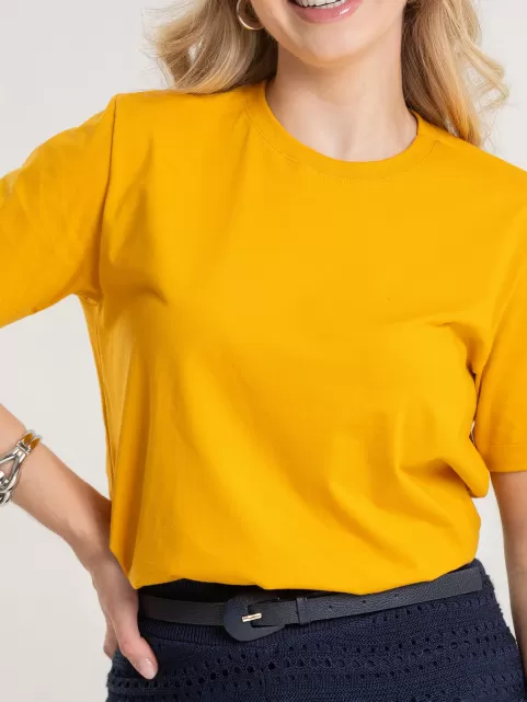 Camiseta Feminina de Algodão Lisa Manga Alongada Ana Amarelo