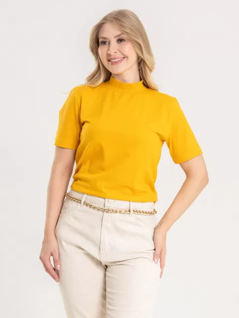 Blusa Feminina Algodão Gola Alta e Manga Curta Gisele Amarelo