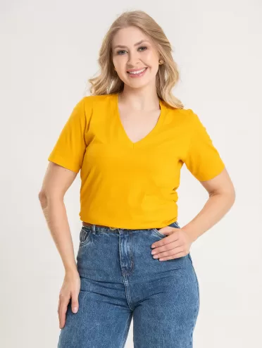 Blusa Feminina Decote V 100% Algodão Lisa íris Amarelo
