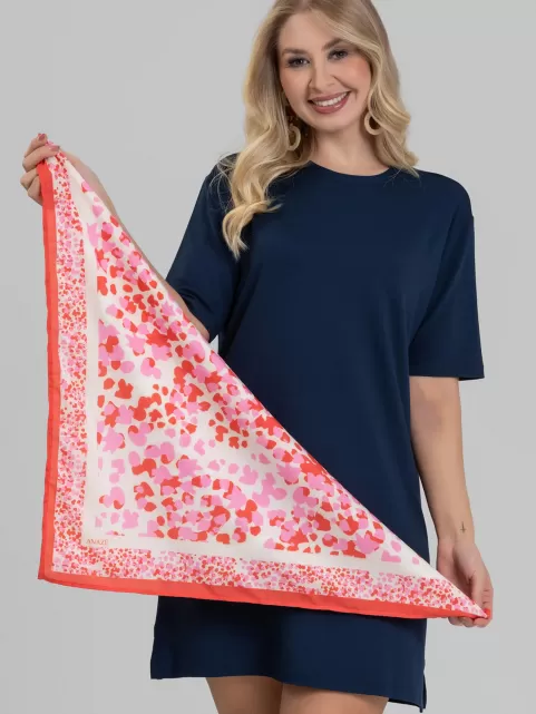 Lenço Quadrado Acetinado Estampa Poá Abstrato Laranja e Rosa