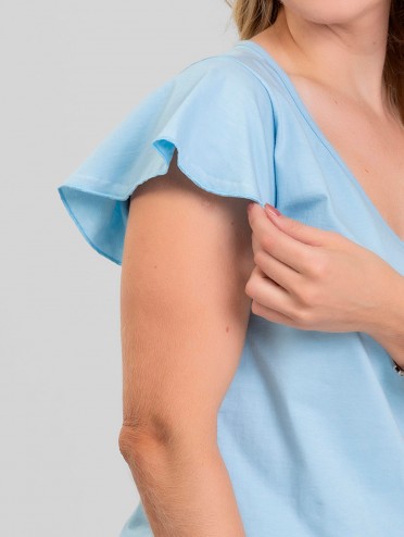 Blusa Feminina 100% Algodão Premium Manga Babados Luma Azul Claro