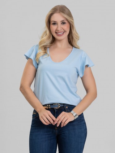 Blusa Feminina 100% Algodão Premium Manga Babados Luma Azul Claro