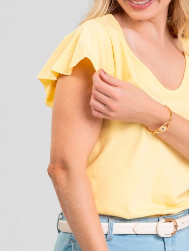 Blusa Feminina 100% Algodão Premium Manga Babados Luma Amarelo Manteiga