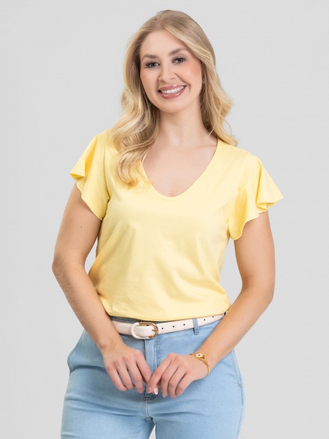 Blusa Feminina 100% Algodão Premium Manga Babados Luma Amarelo Manteiga