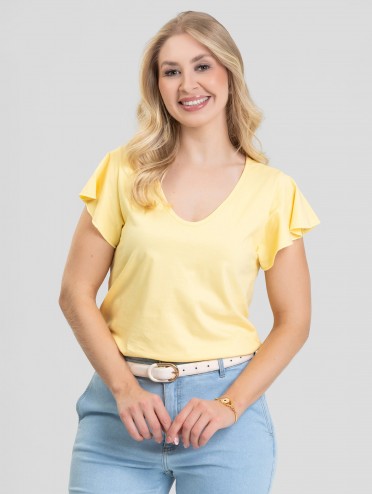 Blusa Feminina 100% Algodão Premium Manga Babados Luma Amarelo Manteiga