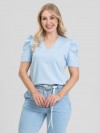 Blusa Feminina de Algodão Manga Bufante Decote V Alice Azul Claro
