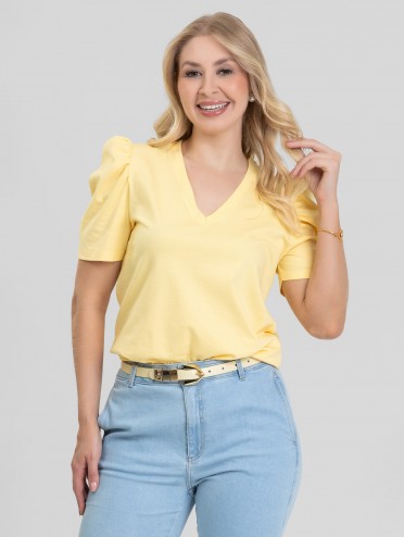 Blusa Feminina de Algodão Manga Bufante Decote V Alice Amarelo Manteiga